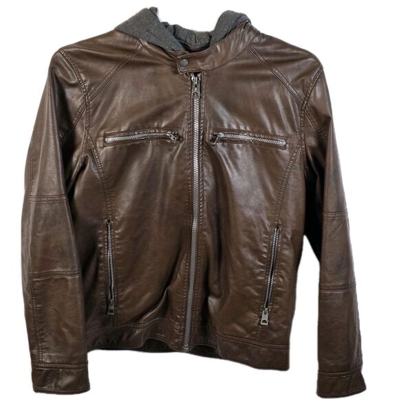Guess Men's Large Faux Brown Leather Hooded Motorcycle Jacket - Picture 1 of 12